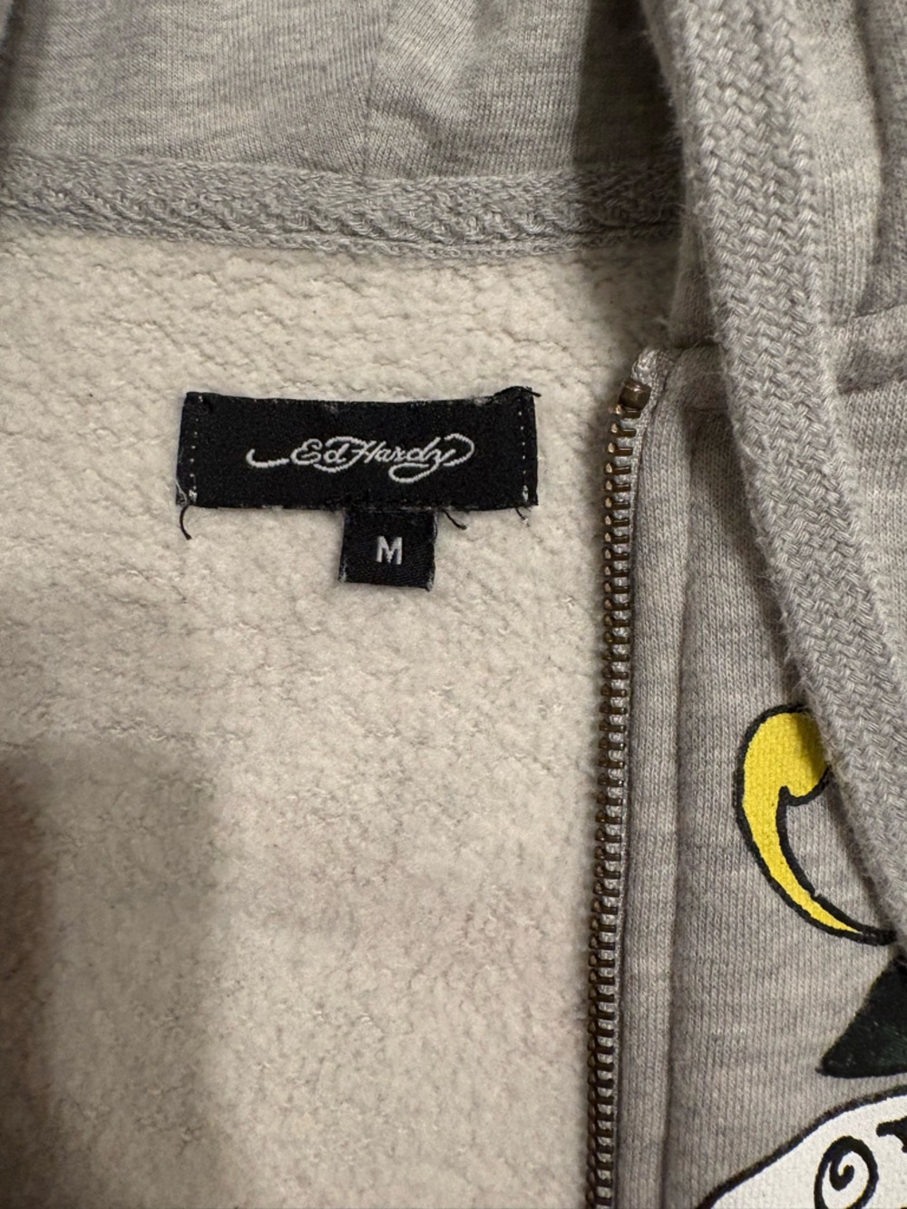 Ed Hardy Light Gray Zip Hoodie with Yellow Graphic